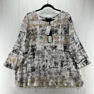 FDG Sweater Womens 2XL Sketchy Print Top Open Knit 3/4 Sleeve Cotton Blend Gray